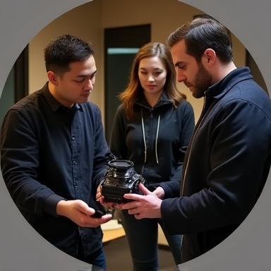 Team members discussing equipment.